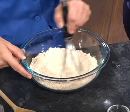 Step 1 whisk dry ingredients - flour, salt, baking powder and baking soda